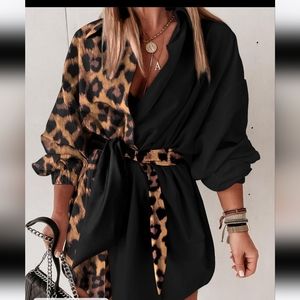 Shirt Dress in Cheetah and black button-down waist tie. Sz xlg.